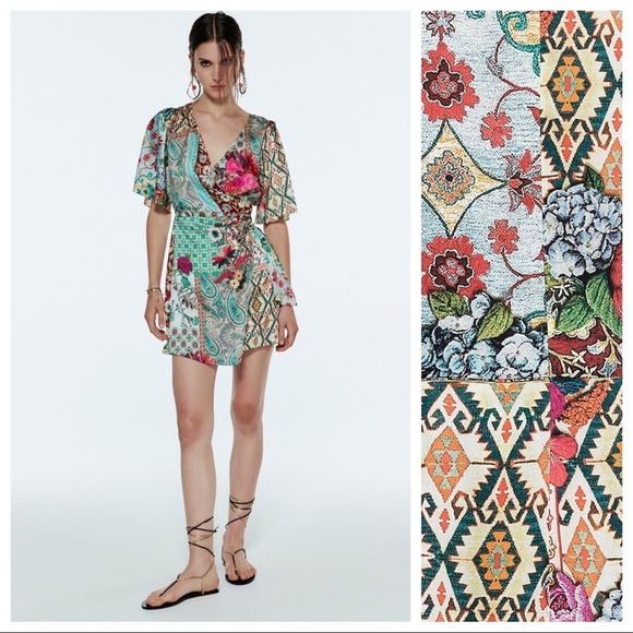 Zara Dresses & Skirts - 🌹NWT. Zara Multicolored Patchwork Print wrap Mini Dress. Size XS.